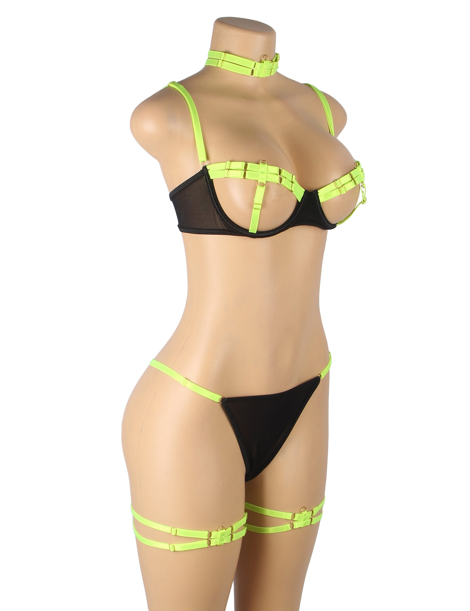 Green Sexy Hollow Cut Strappy Two-Color Splicing Bra Set