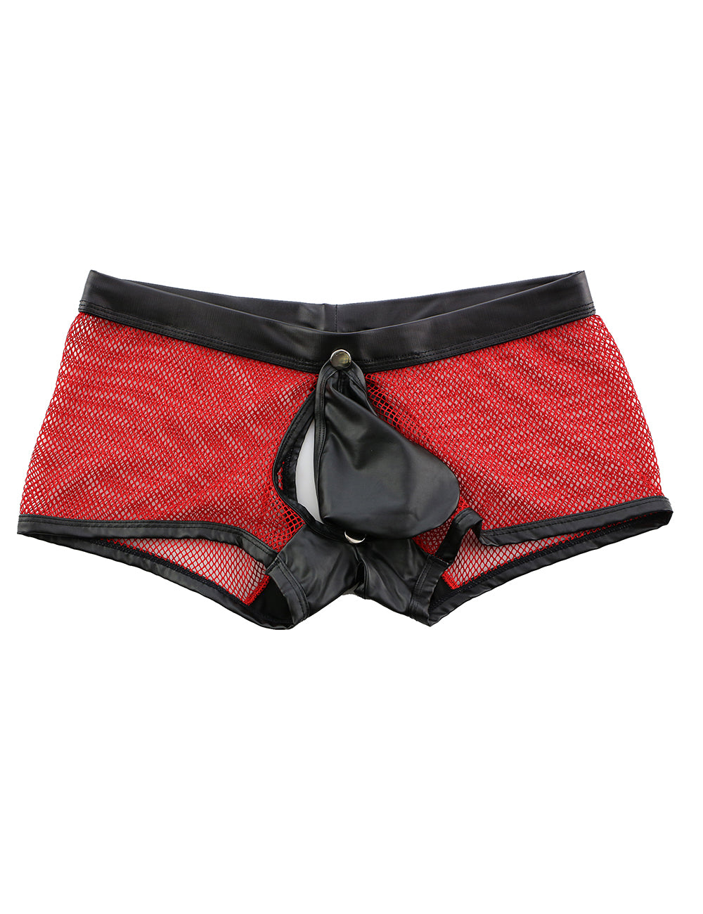 Red Sexy Mesh Openable Crotch Imitation Leather Men's Boxer Underwear