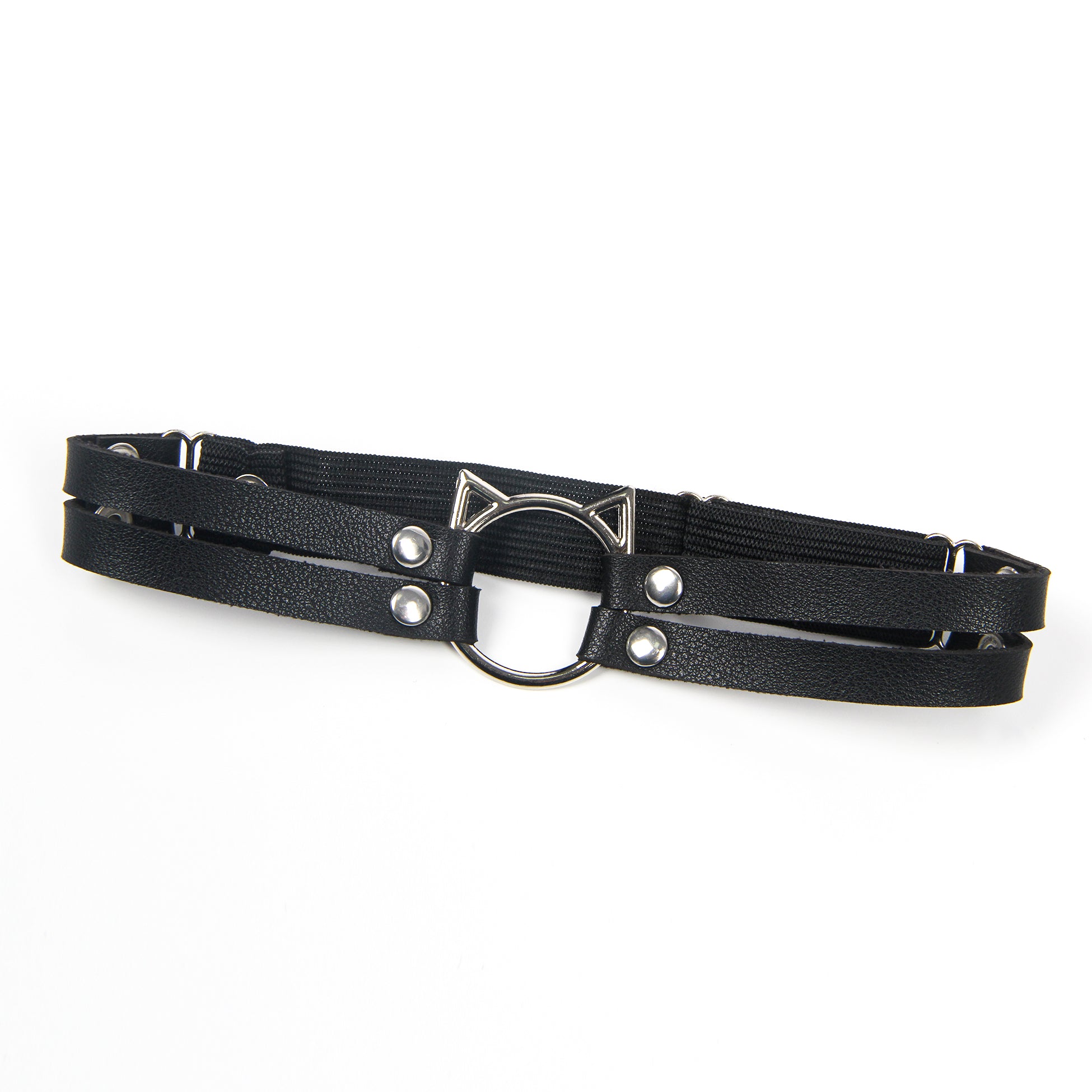 Cat Head Black Adjustable Faux Leather Studded Punk Leg Rings