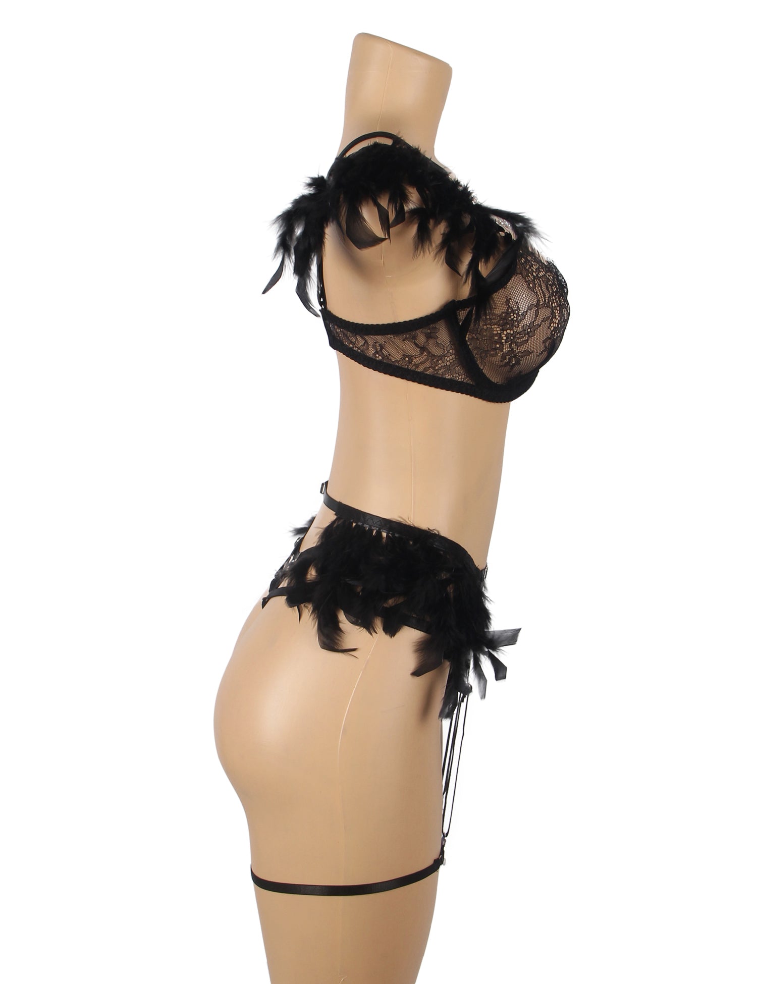 Black Feather Lace Chain Sexy Bra Set