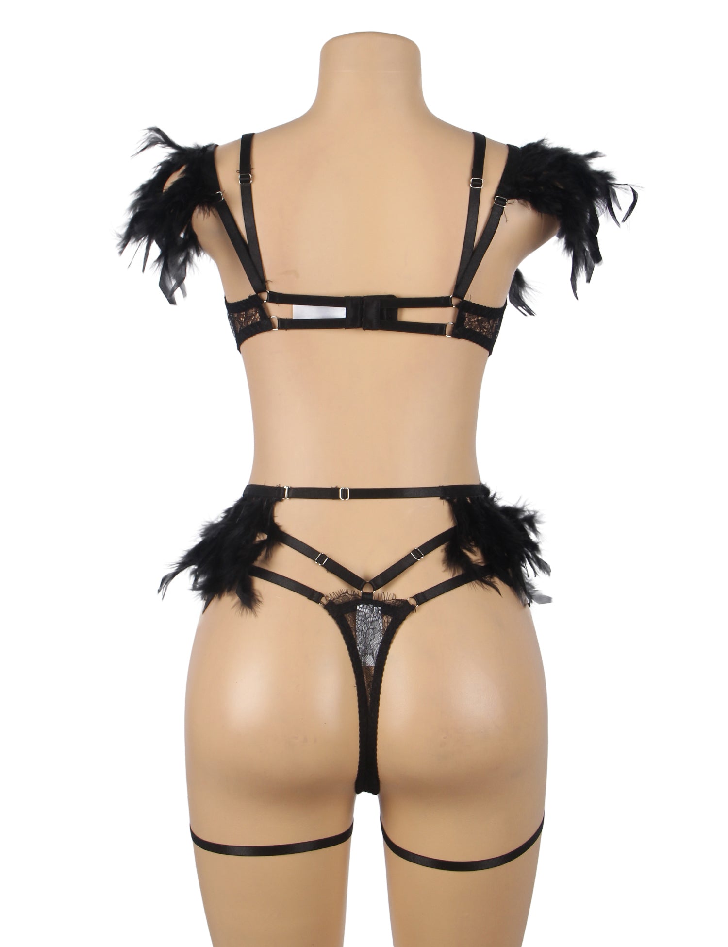 Black Feather Lace Chain Sexy Bra Set