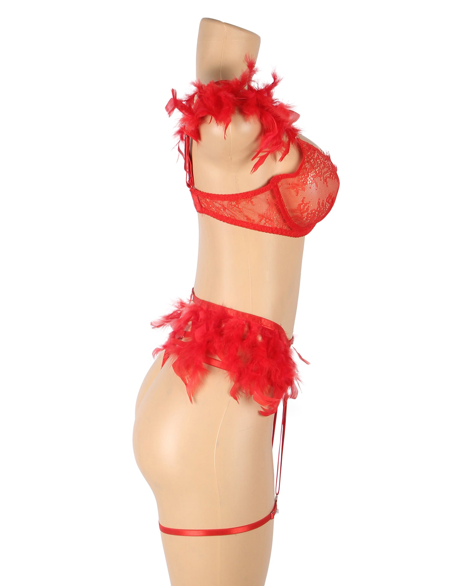Red Feather Lace Chain Sexy Bra Set
