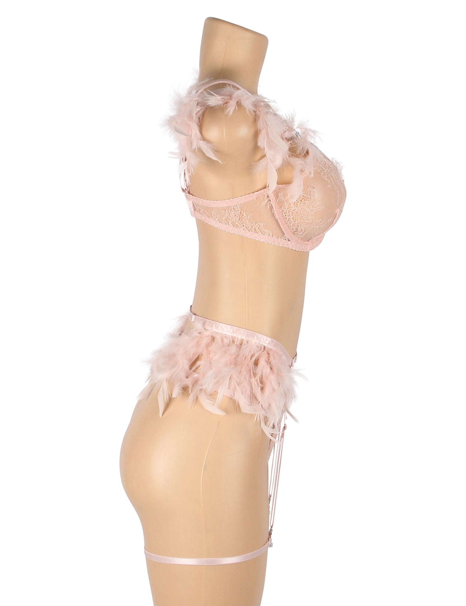 Pink Feather Lace Chain Sexy Bra Set