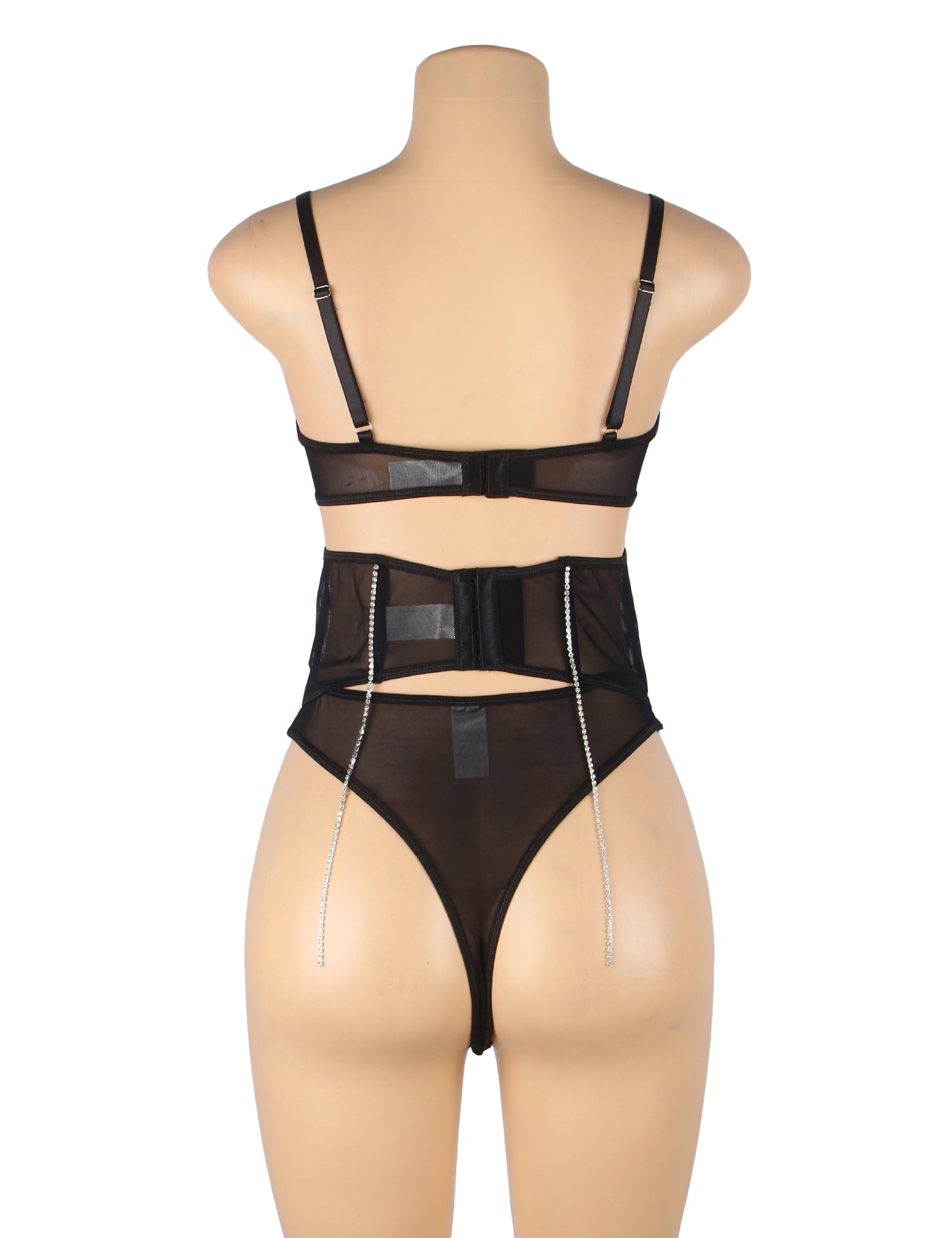 5 Bones Black Mesh Sexy Bra Set Stitching Diamond Chain
