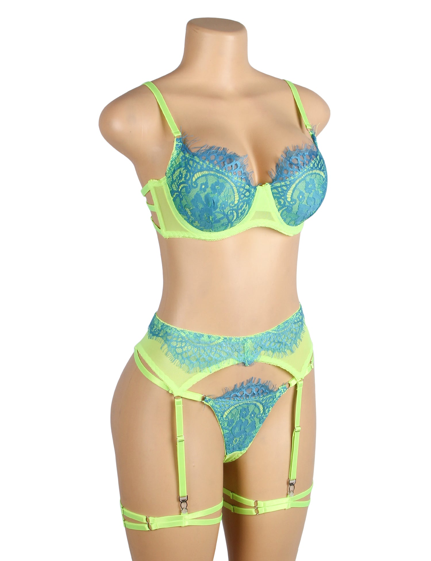 Green Spliced Eyelash Lace Bra Set