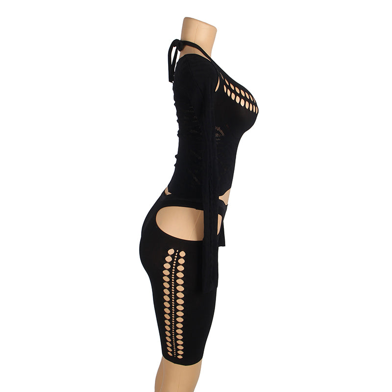 Black Sexy Long Sleeves Hollow Cut Bodystocking Set