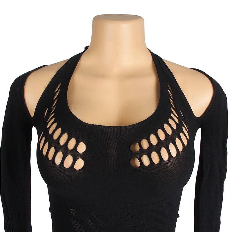 Black Sexy Long Sleeves Hollow Cut Bodystocking Set