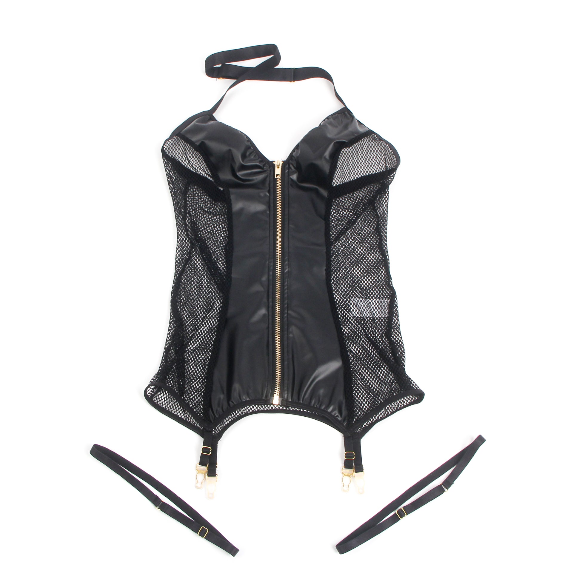 Black Mesh PU Leather Deep V-Neck Halter Sexy Lingerie