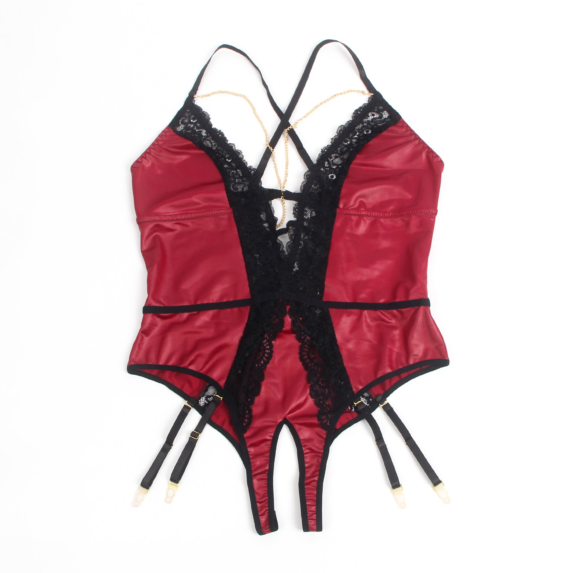 Burgundy Faux Leather Deep V Neck Halter Sexy Teddy