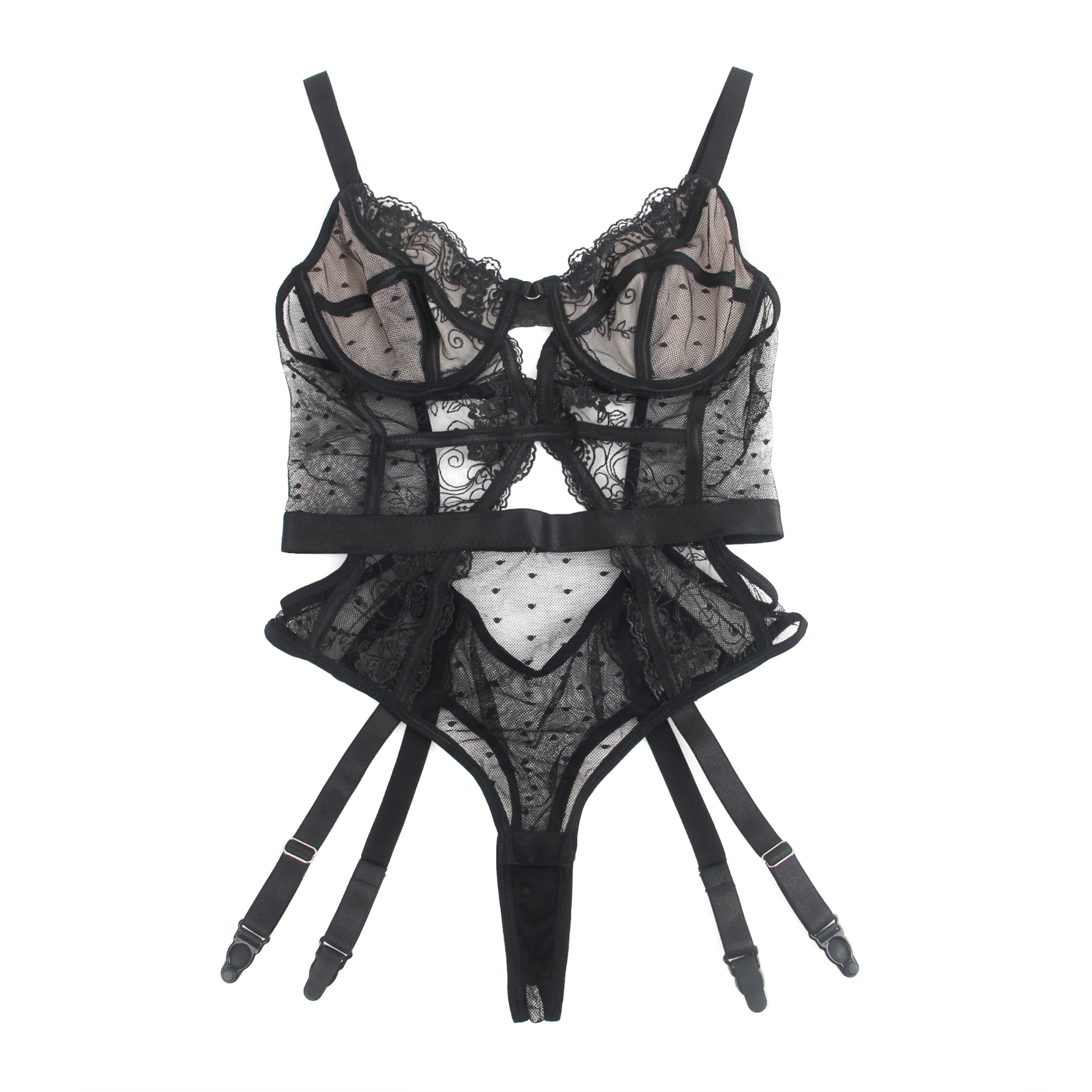 Black Sexy Embroidery Lace Hollow Suspender Bodysuit