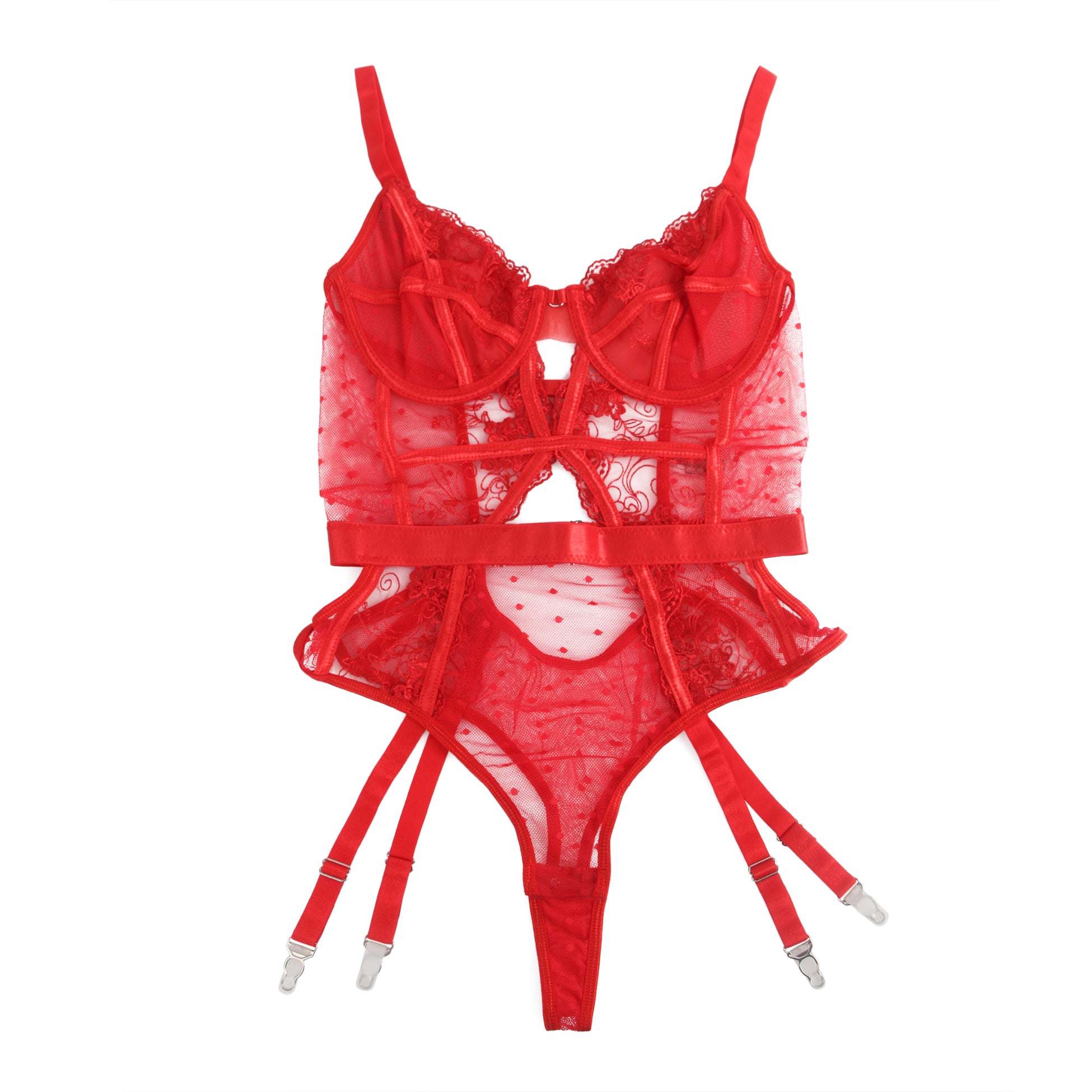 Red Sexy Embroidery Lace Hollow Suspender Bodysuit