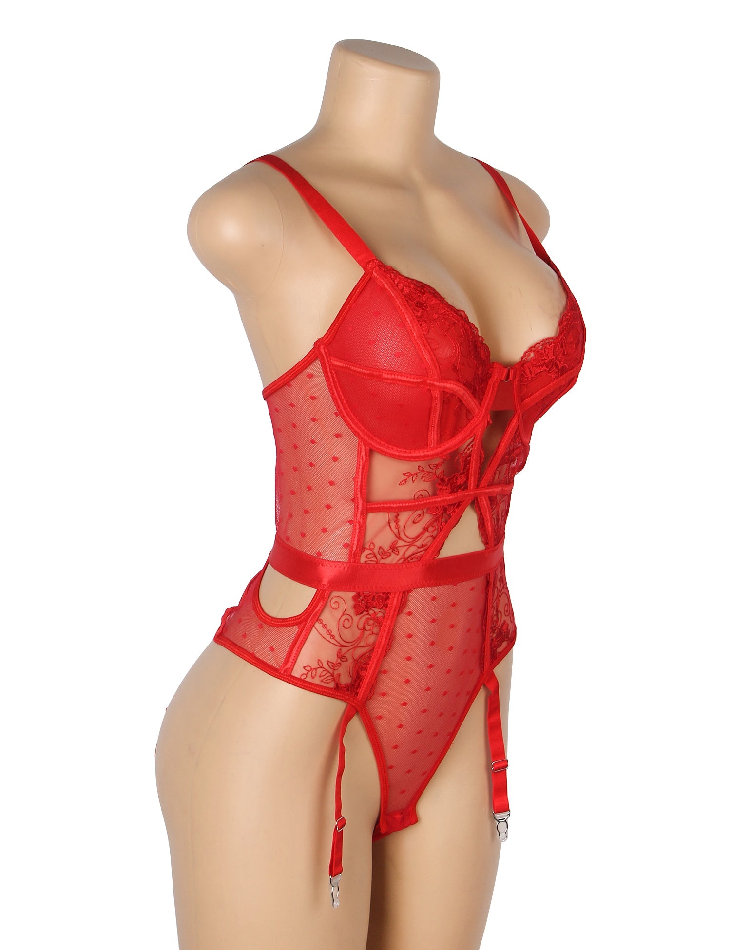 Red Sexy Embroidery Lace Hollow Suspender Bodysuit
