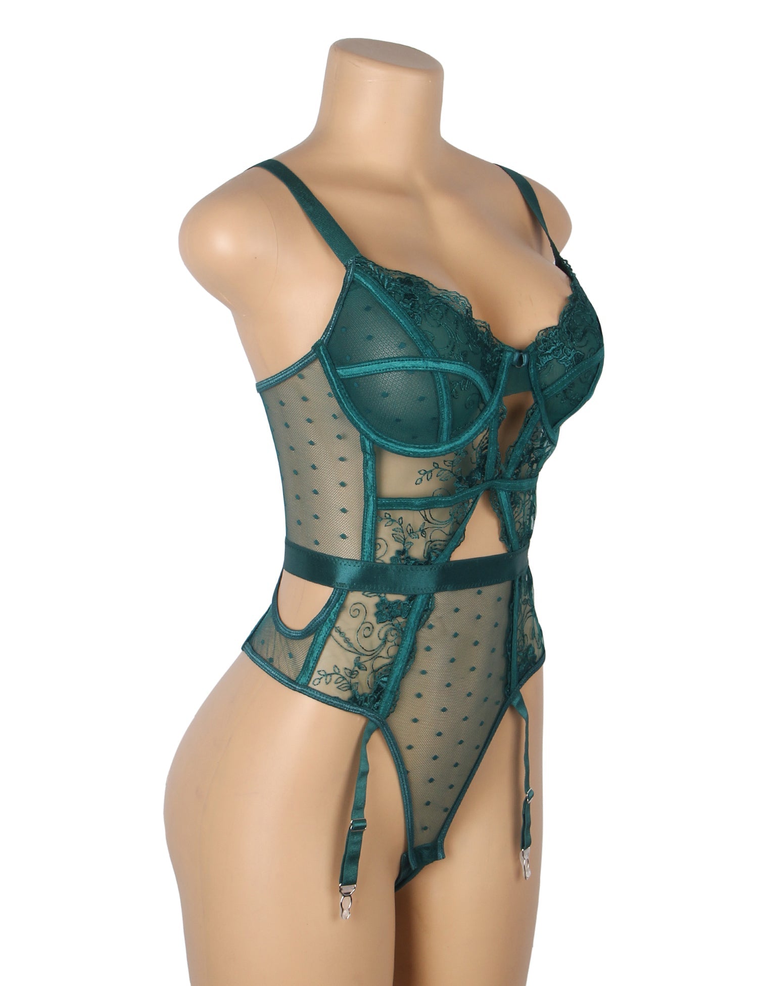 Green Sexy Embroidery Lace Hollow Suspender Bodysuit