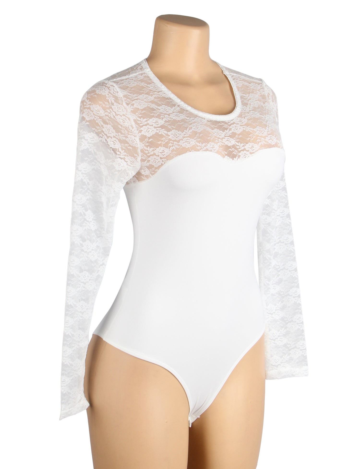Long Sleeve Openable Crotch Lace White Bodysuit