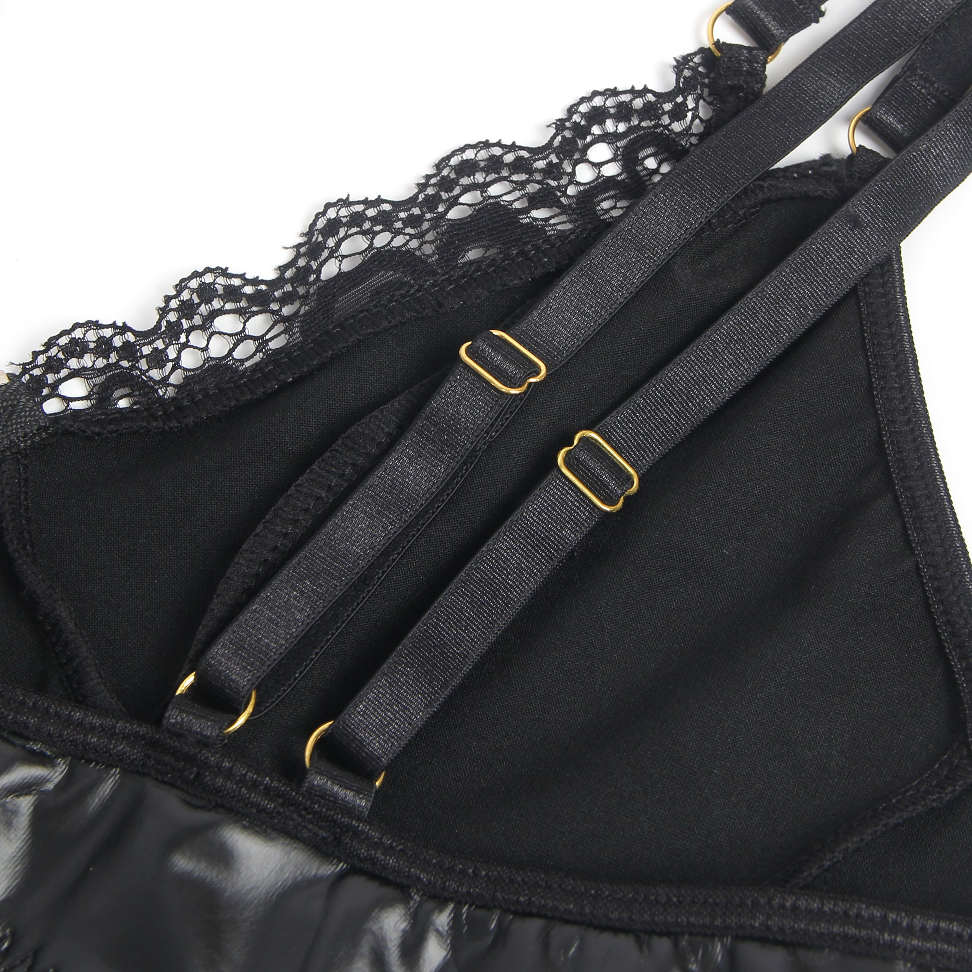 Black PU Leather Lace Sexy Garter Lingerie With Zipper