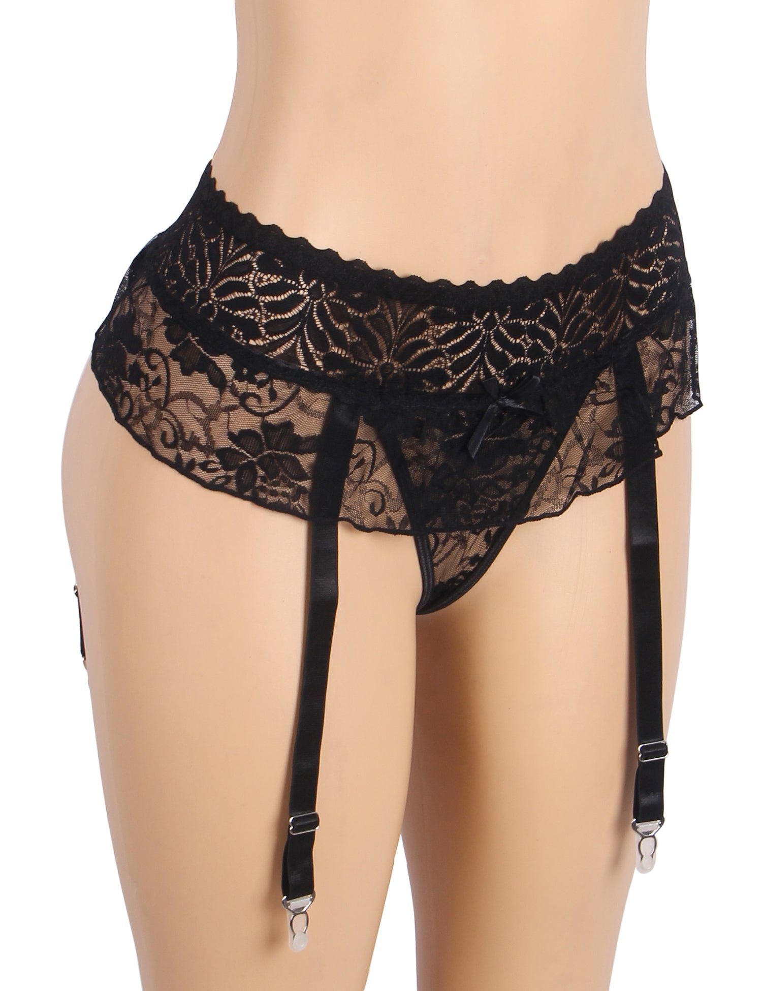 Black Sexy Lace Garter Panty With Metal Buckles