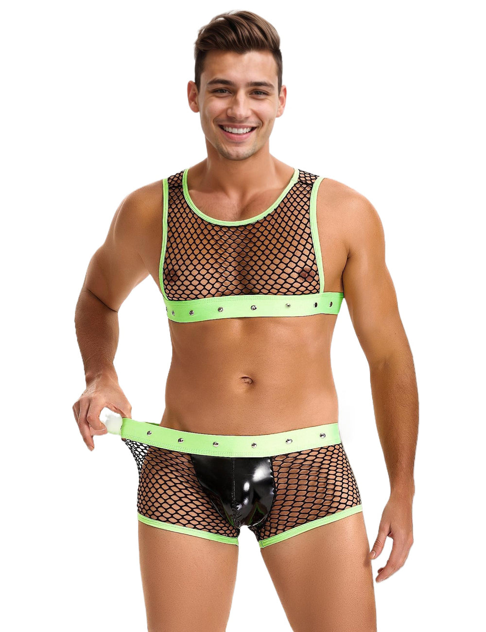 Green Men Sexy Fishnet See Through Lingerie Set