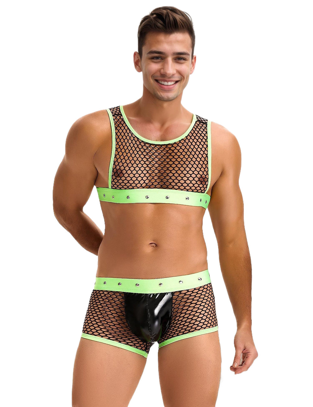 Green Men Sexy Fishnet See Through Lingerie Set