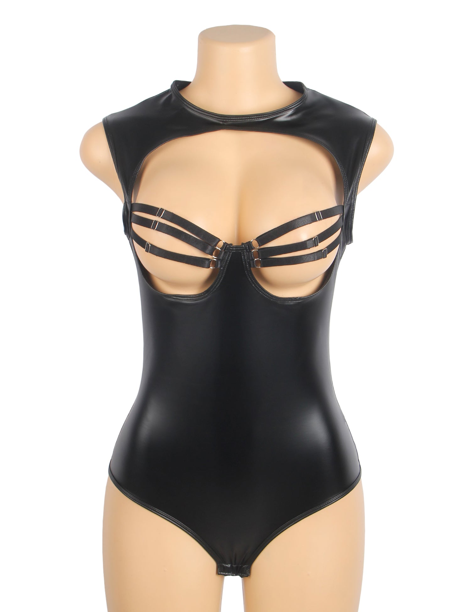 Black Sexy PU Leather Sleeveless Open Bust bodysuit