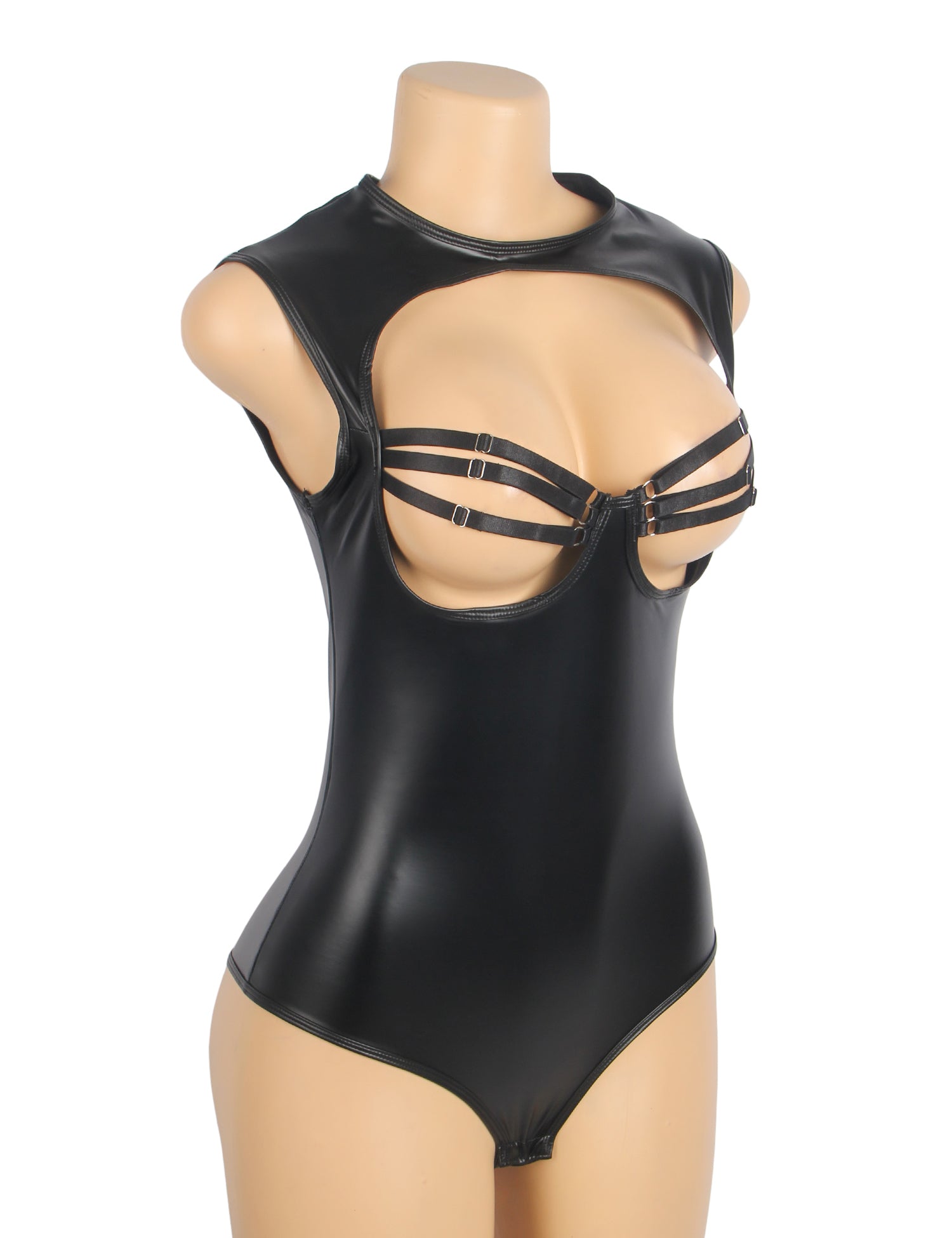 Black Sexy PU Leather Sleeveless Open Bust bodysuit