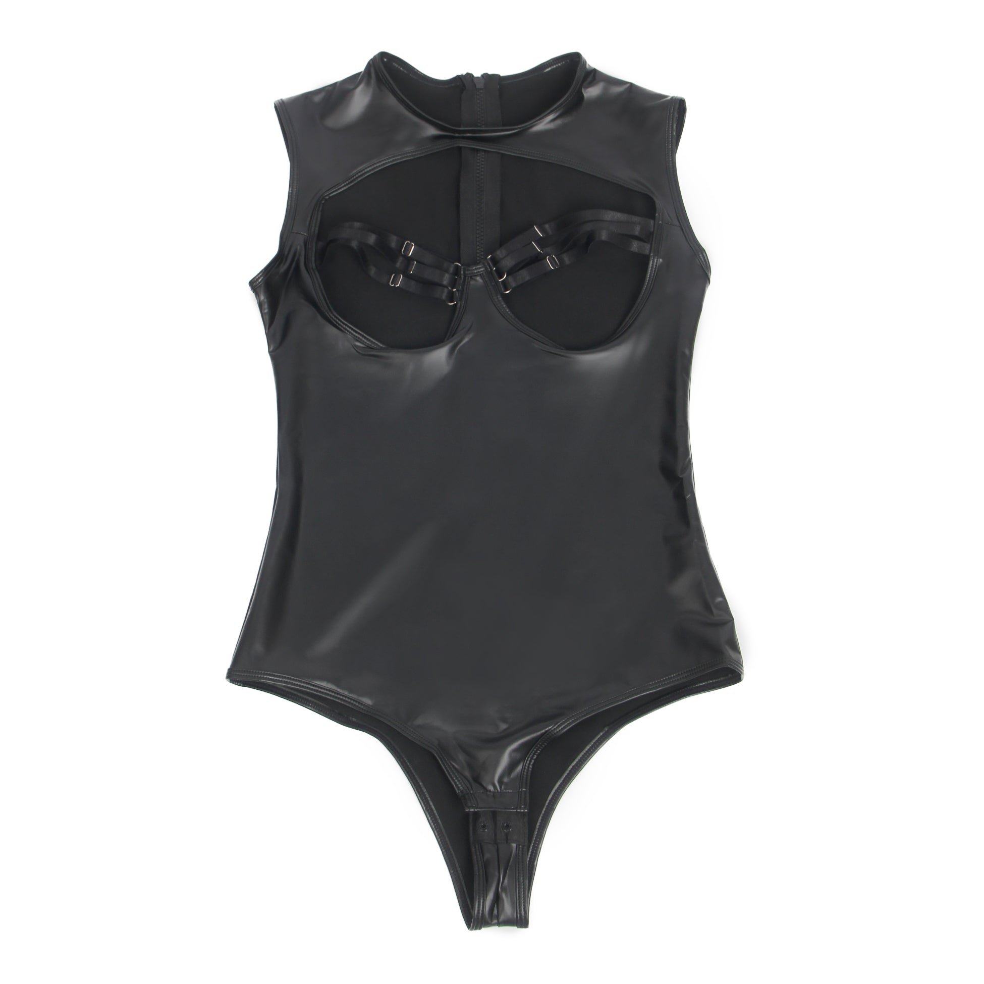 Black Sexy PU Leather Sleeveless Open Bust bodysuit