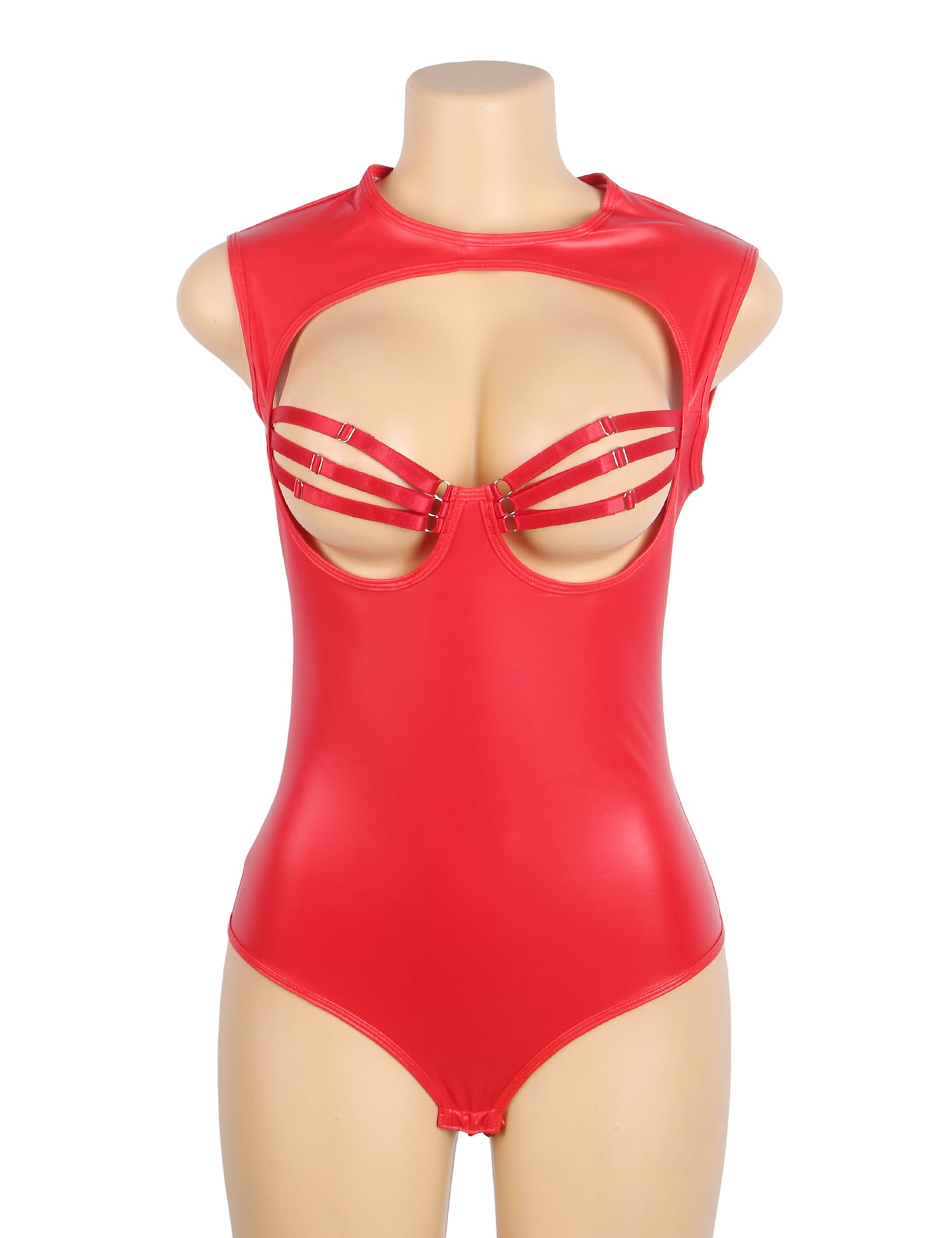 Red Sexy PU Leather Sleeveless Open Bust bodysuit