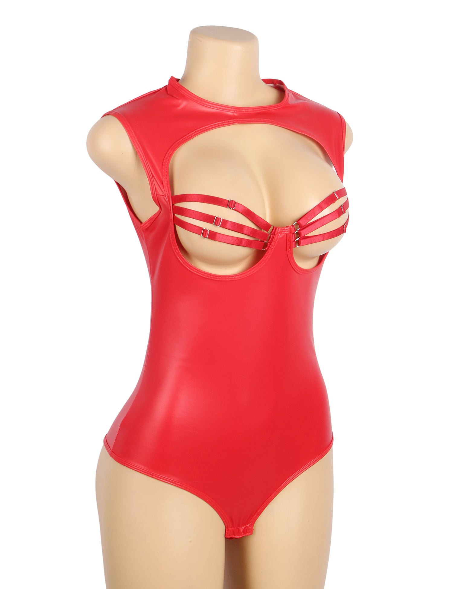 Red Sexy PU Leather Sleeveless Open Bust bodysuit