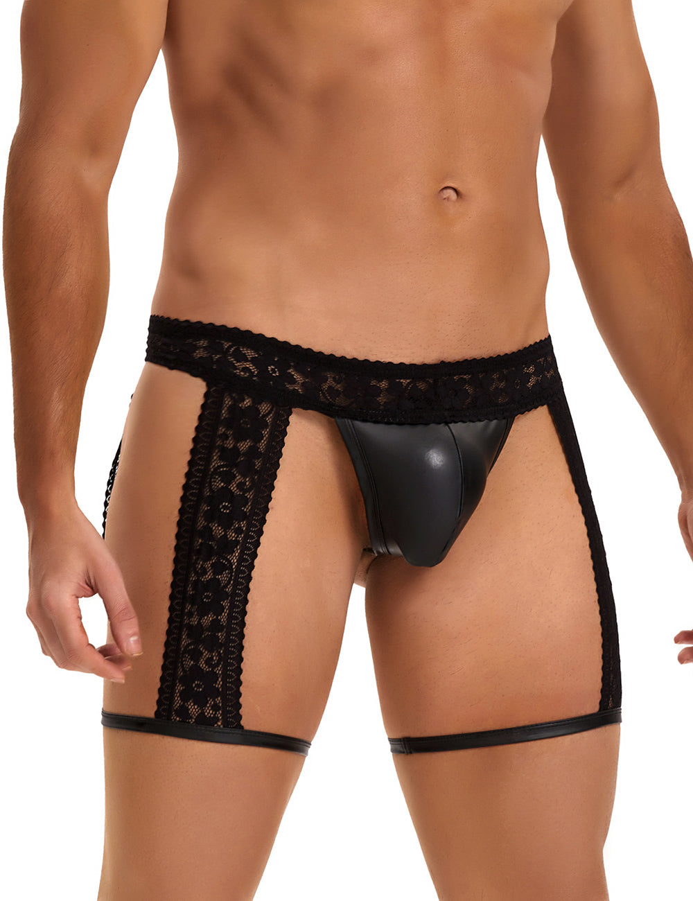 Black Sexy Lace Imitation Leather Men Underwear