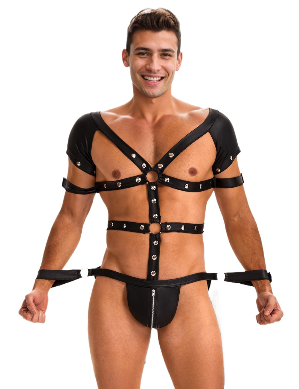 Black Sexy Faux Leather Harness Zipper Men Bodysuit Lingerie