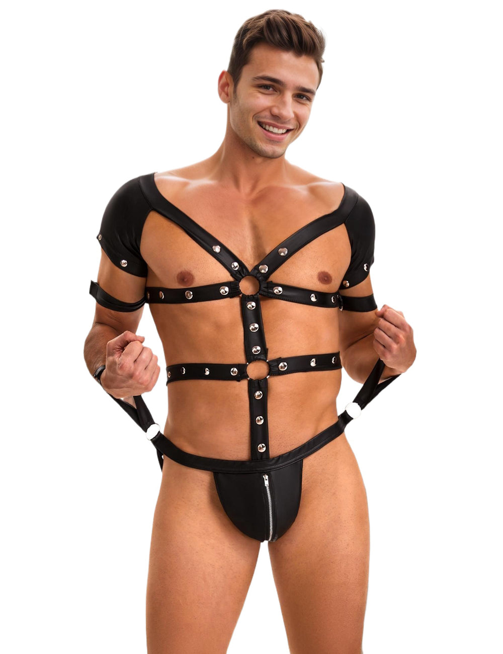 Black Sexy Faux Leather Harness Zipper Men Bodysuit Lingerie