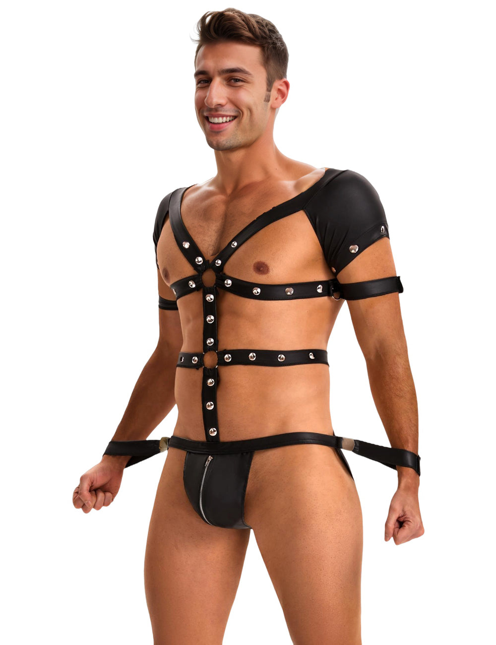Black Sexy Faux Leather Harness Zipper Men Bodysuit Lingerie