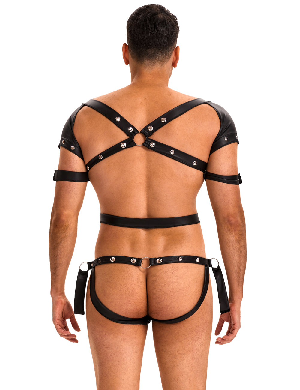 Black Sexy Faux Leather Harness Zipper Men Bodysuit Lingerie