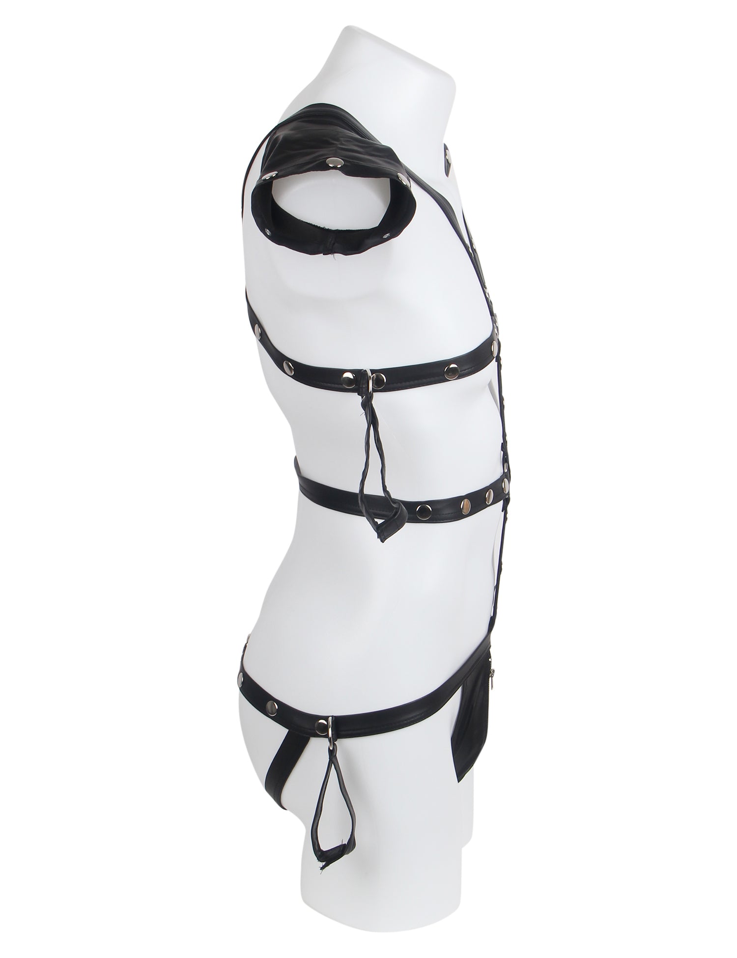 Black Sexy Faux Leather Harness Zipper Men Bodysuit Lingerie