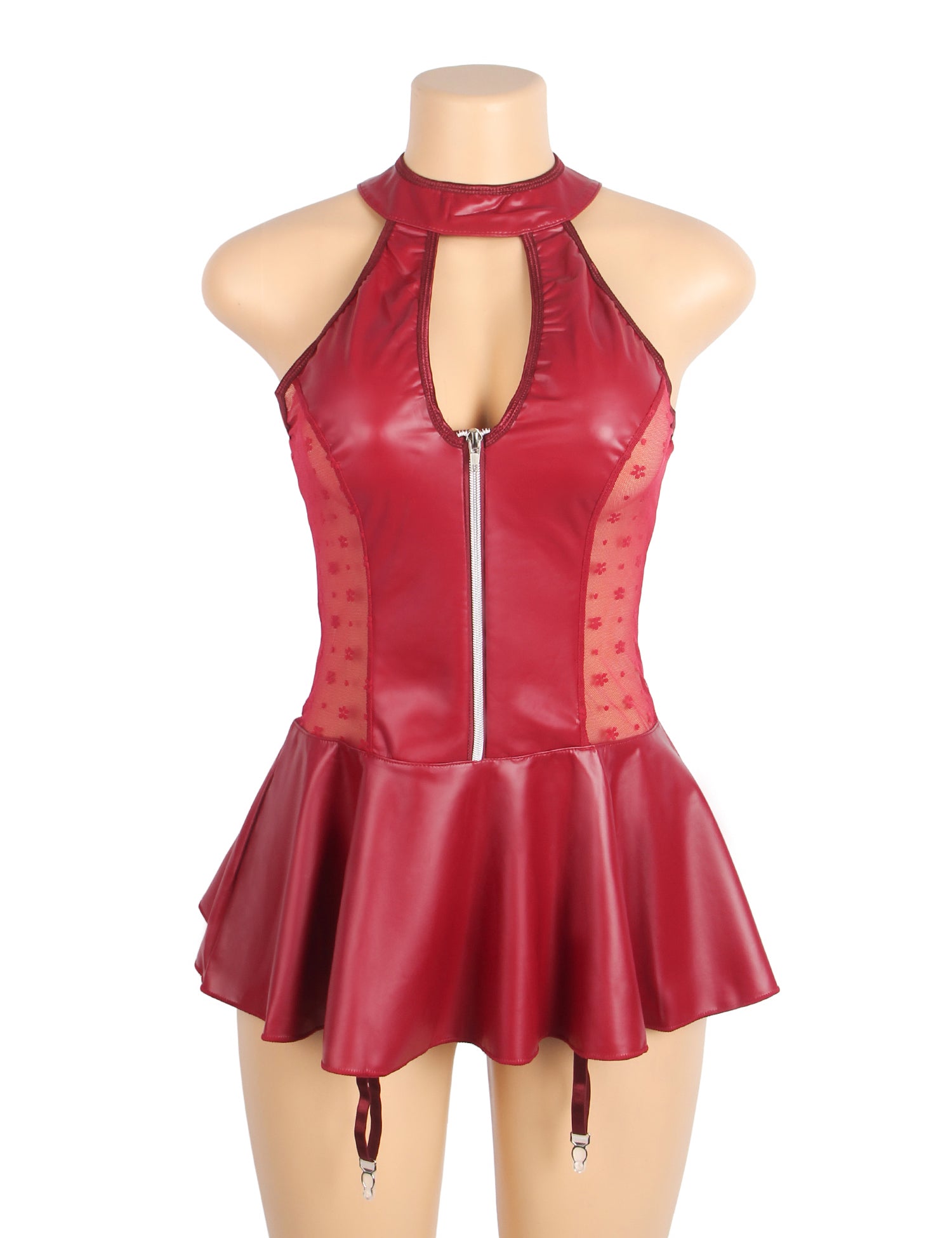 Red Halter PU Leather Lace Sexy Garter Lingerie