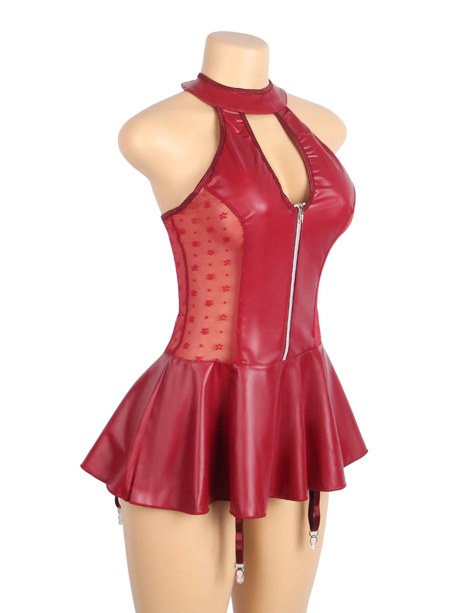 Red Halter PU Leather Lace Sexy Garter Lingerie
