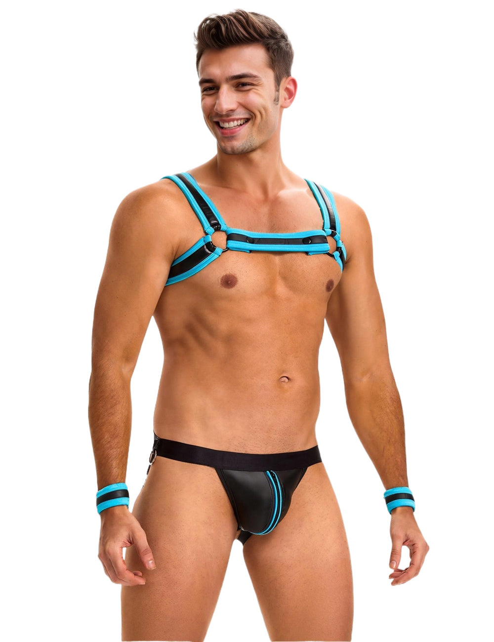 Blue Men Sexy PU Leather Harness Zipper Underwear Set