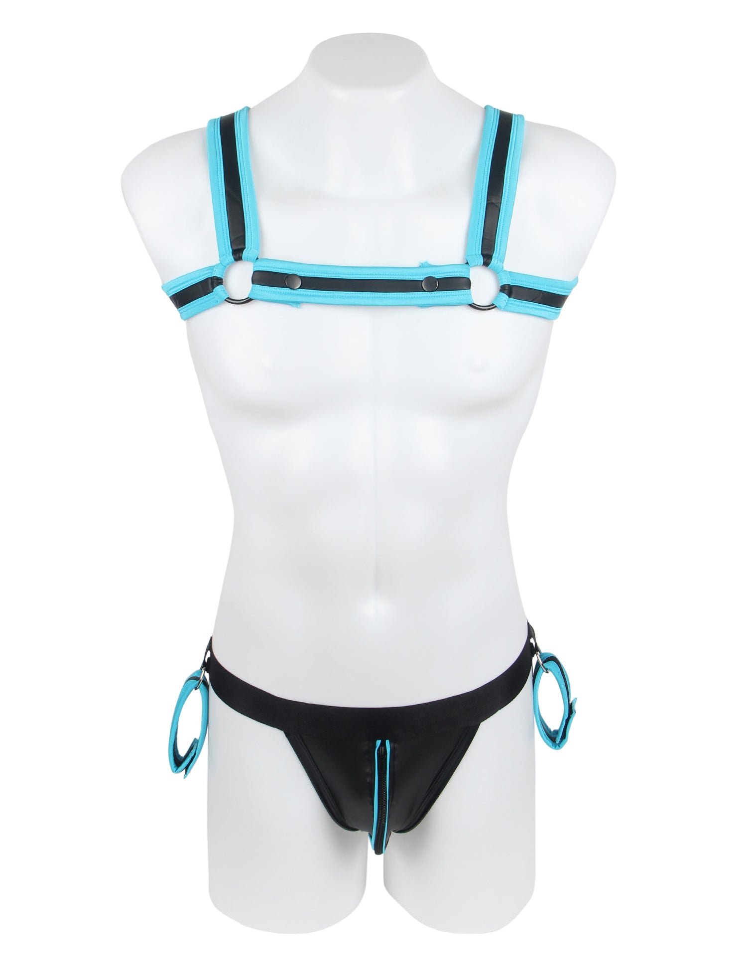Blue Men Sexy PU Leather Harness Zipper Underwear Set