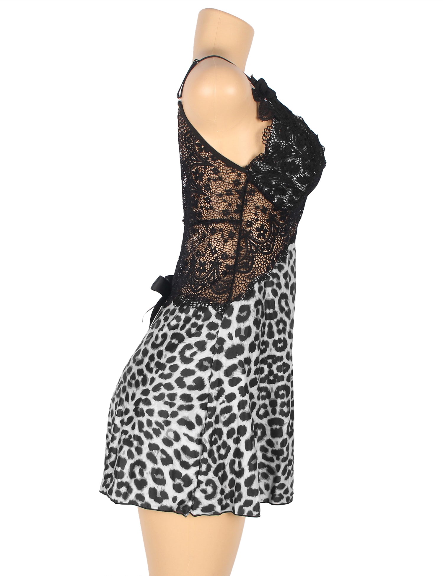 V Neck Leopard Print Lace Stitching Strap with Flower Babydoll