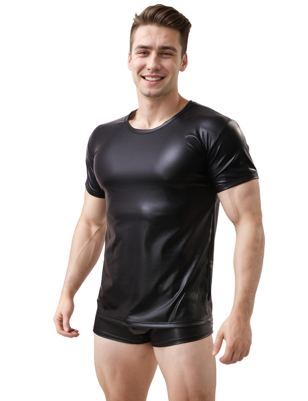 Black Men PU Leather Short Sleeves T-Shirt Top
