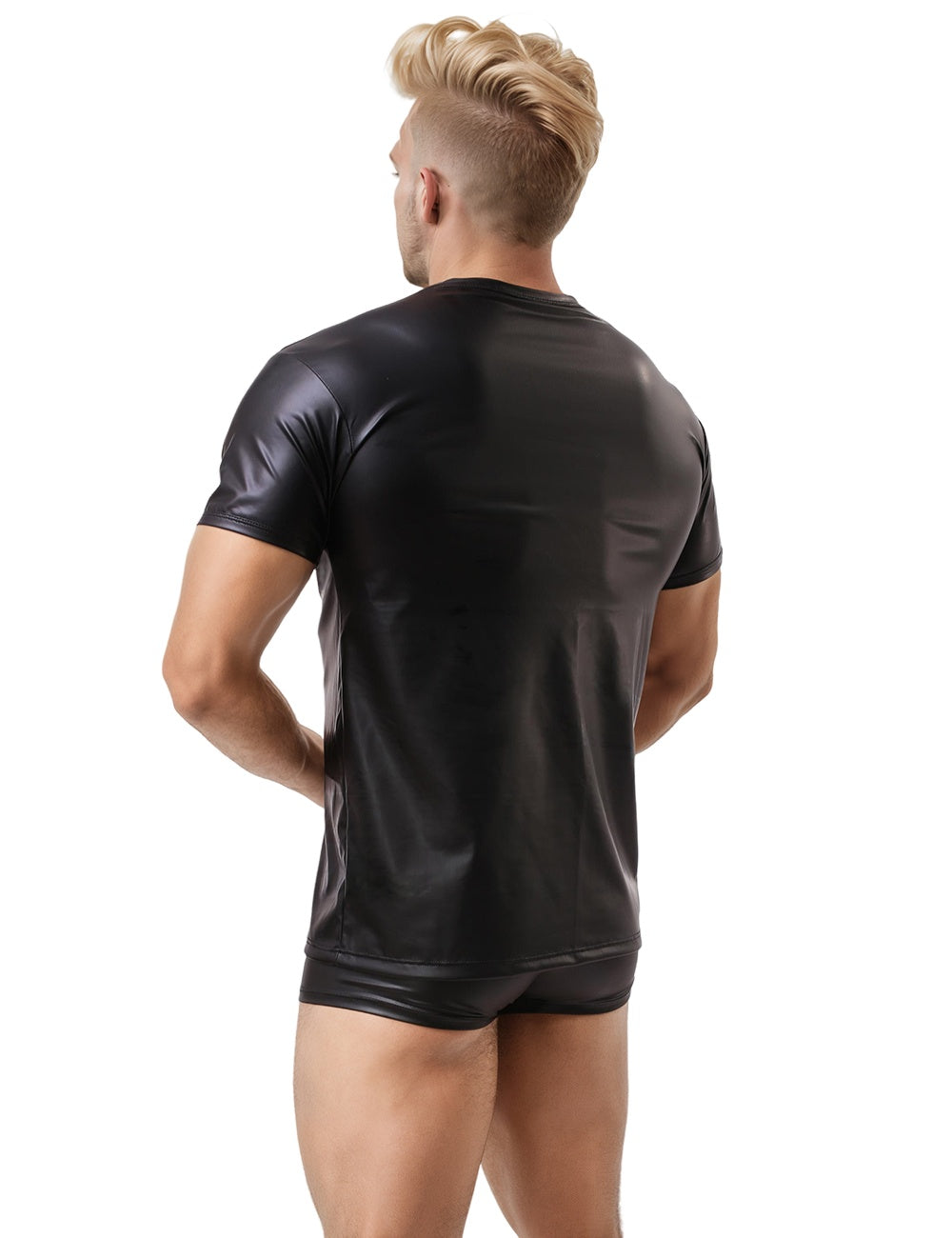 Black Men PU Leather Short Sleeves T-Shirt Top