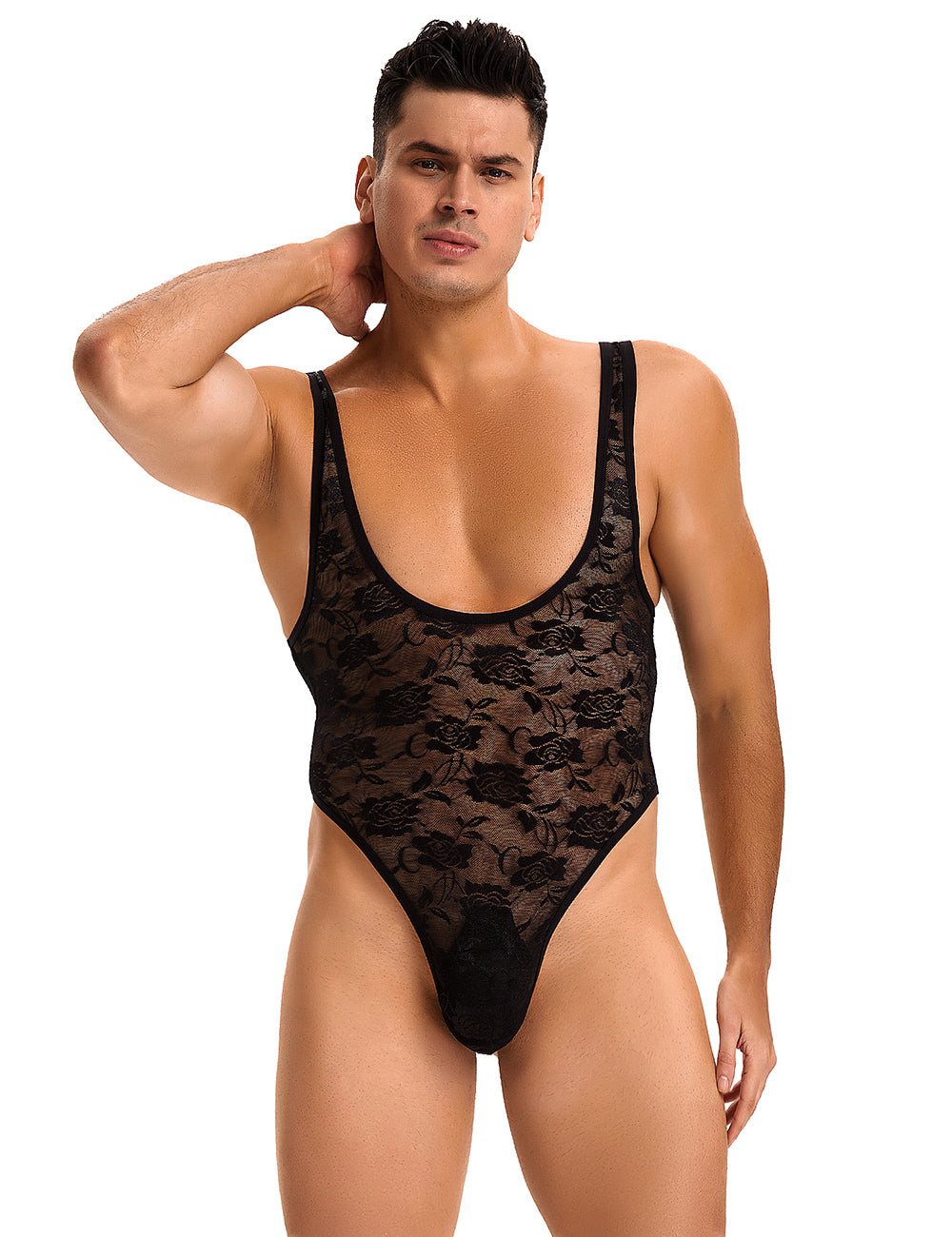Black Men Sexy Low Cut Lace Bodysuit