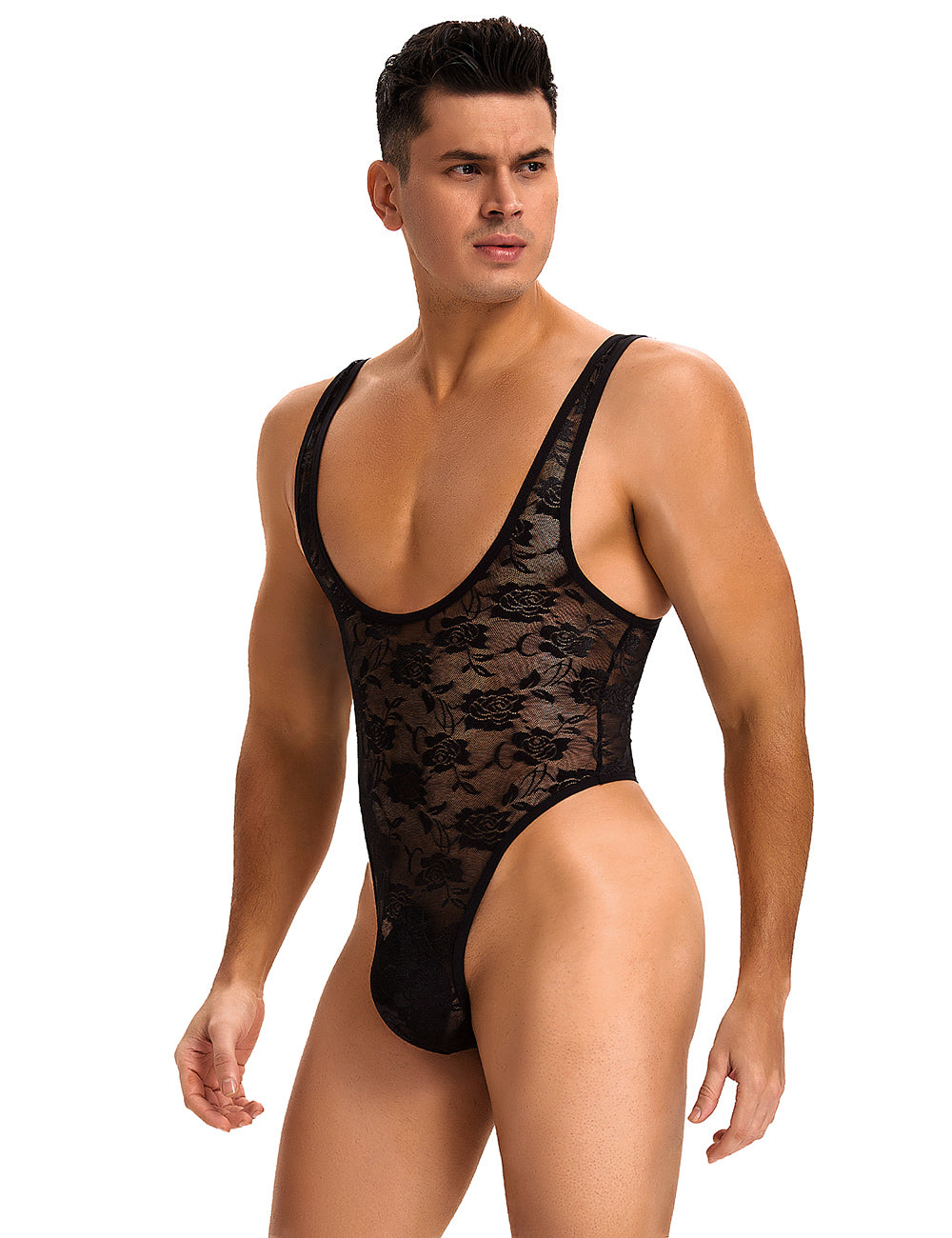Black Men Sexy Low Cut Lace Bodysuit
