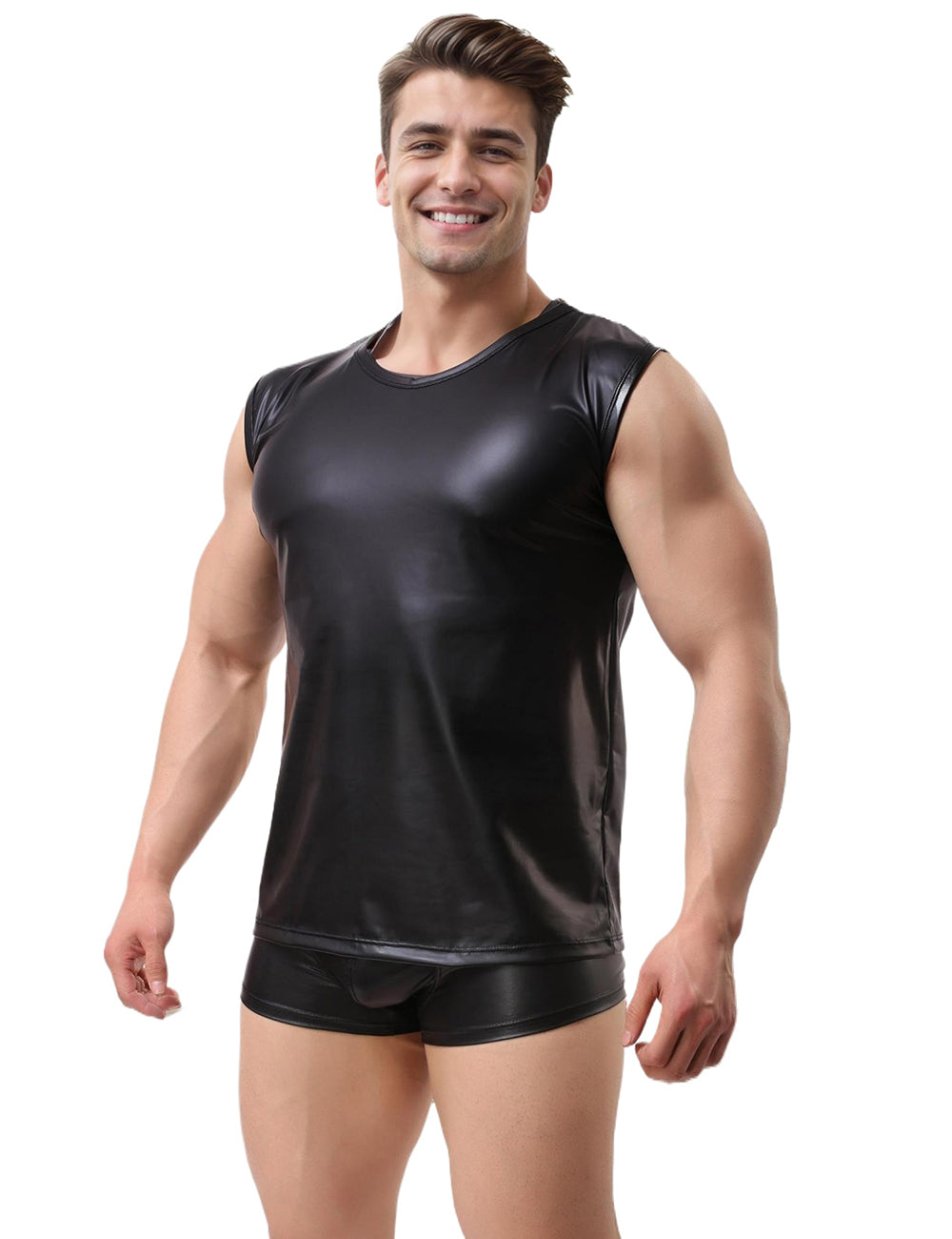 Black Men PU Leather Sleeveless T-Shirt Top