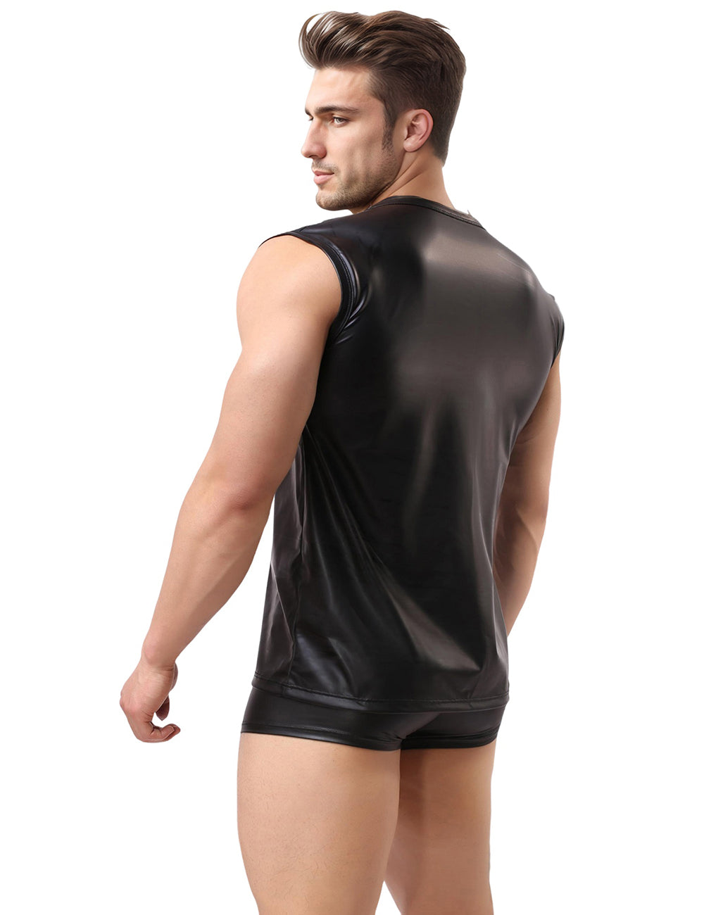 Black Men PU Leather Sleeveless T-Shirt Top