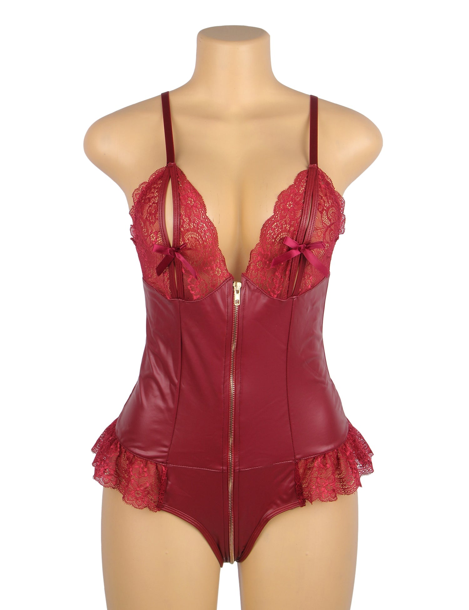 Burgundy	 Sexy PU Leather Lace Zipper Bodysuit