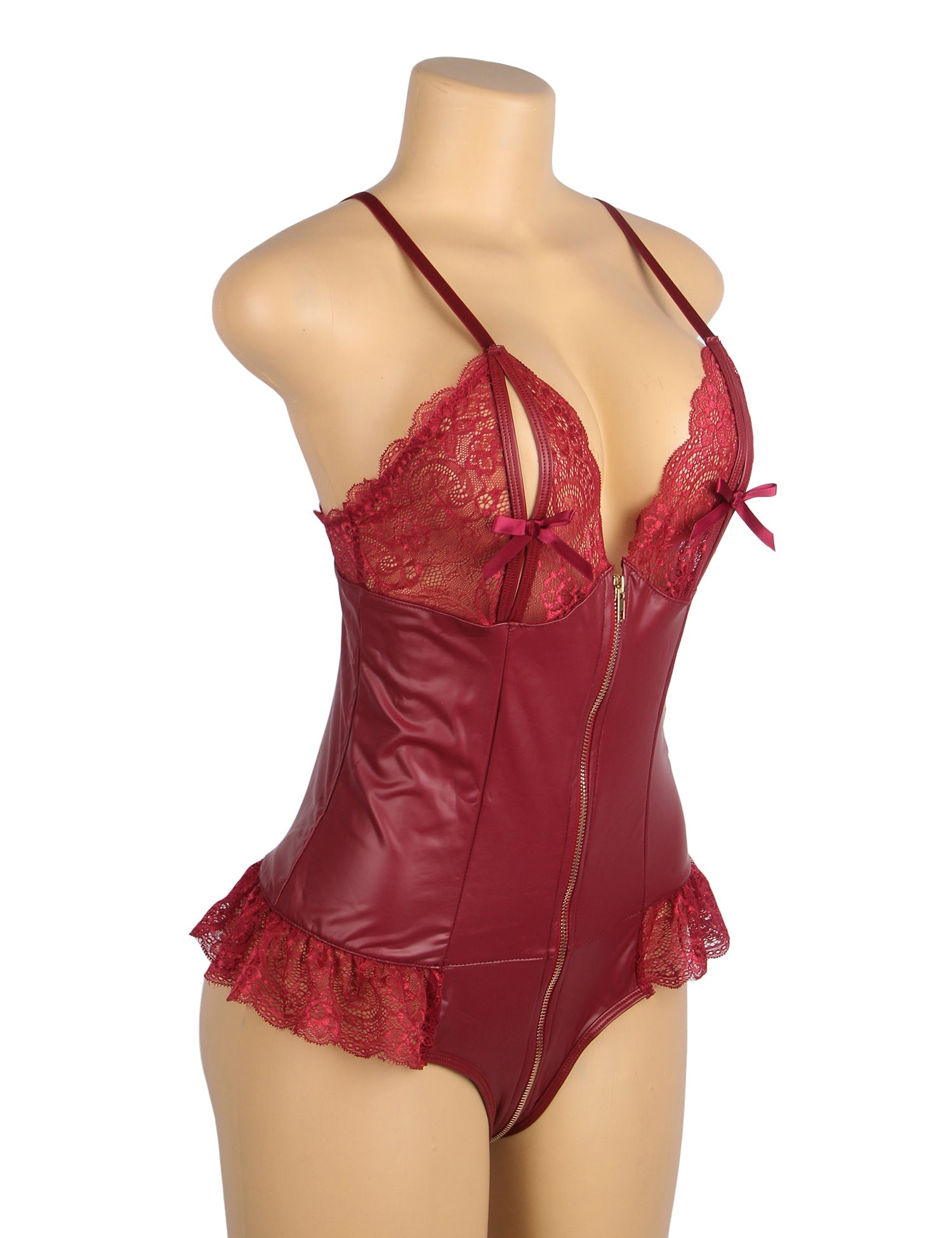 Burgundy	 Sexy PU Leather Lace Zipper Bodysuit