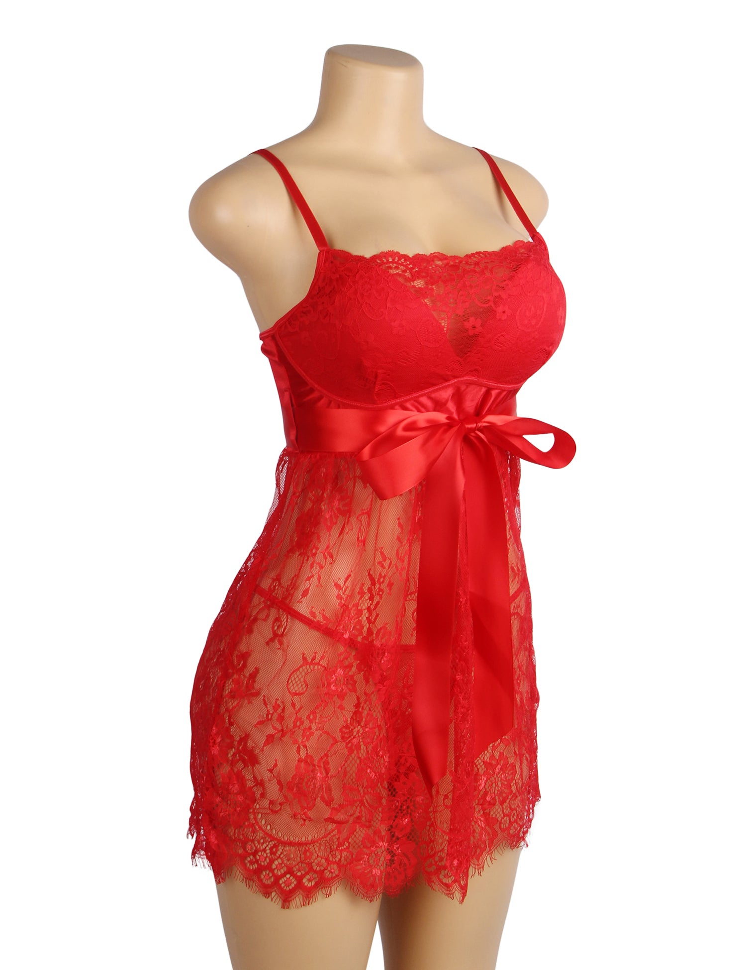 Red Eyelash Lace Sexy Push Up Suspenders Nightdress