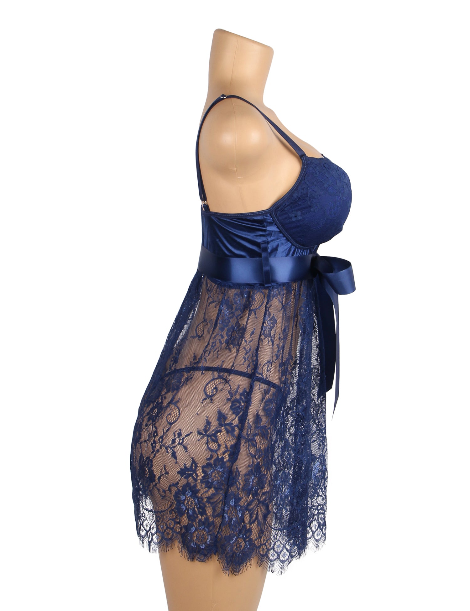 Blue Eyelash Lace Sexy Push Up Suspenders Nightdress