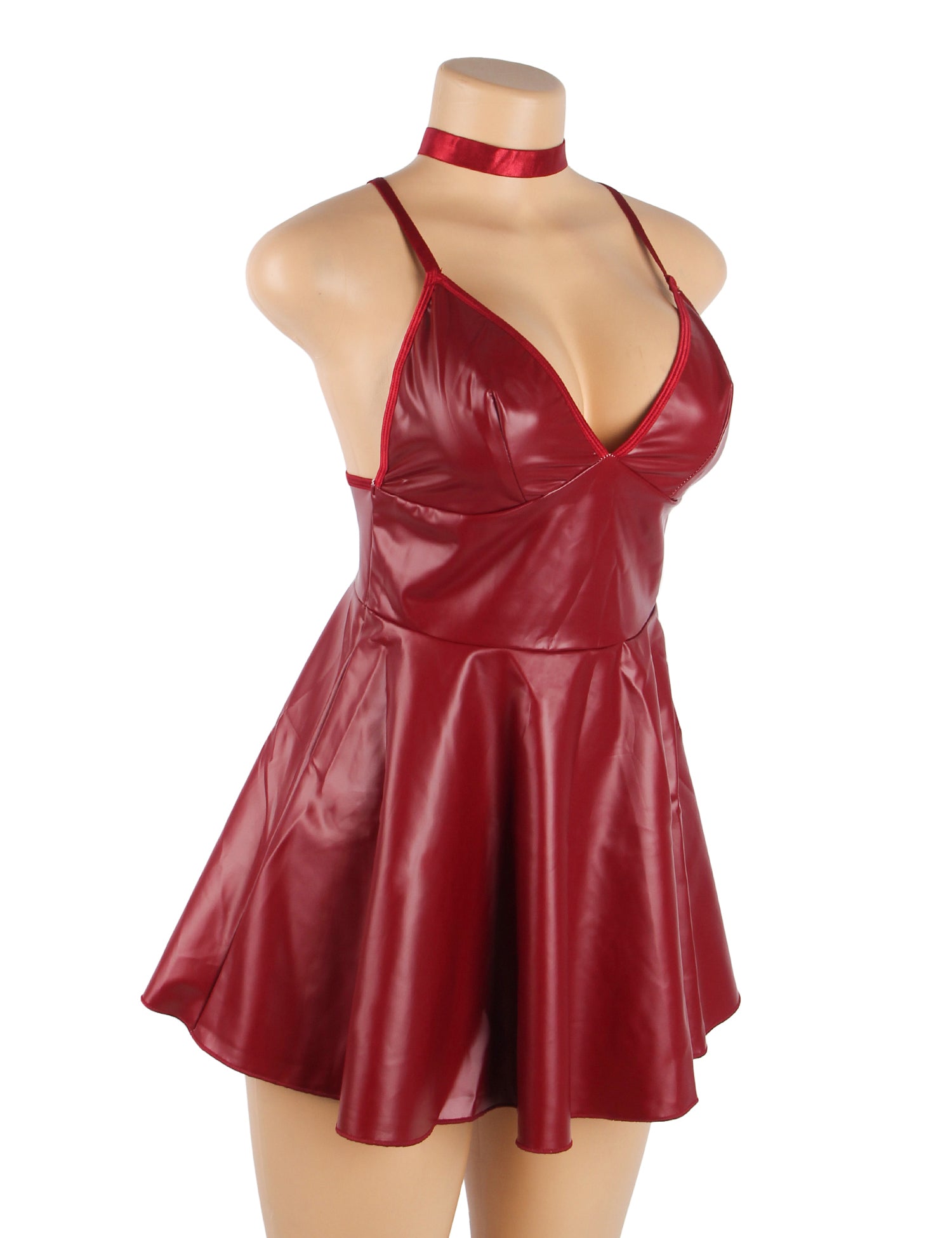 Burgundy PU leather Suspender Sexy Nightdress