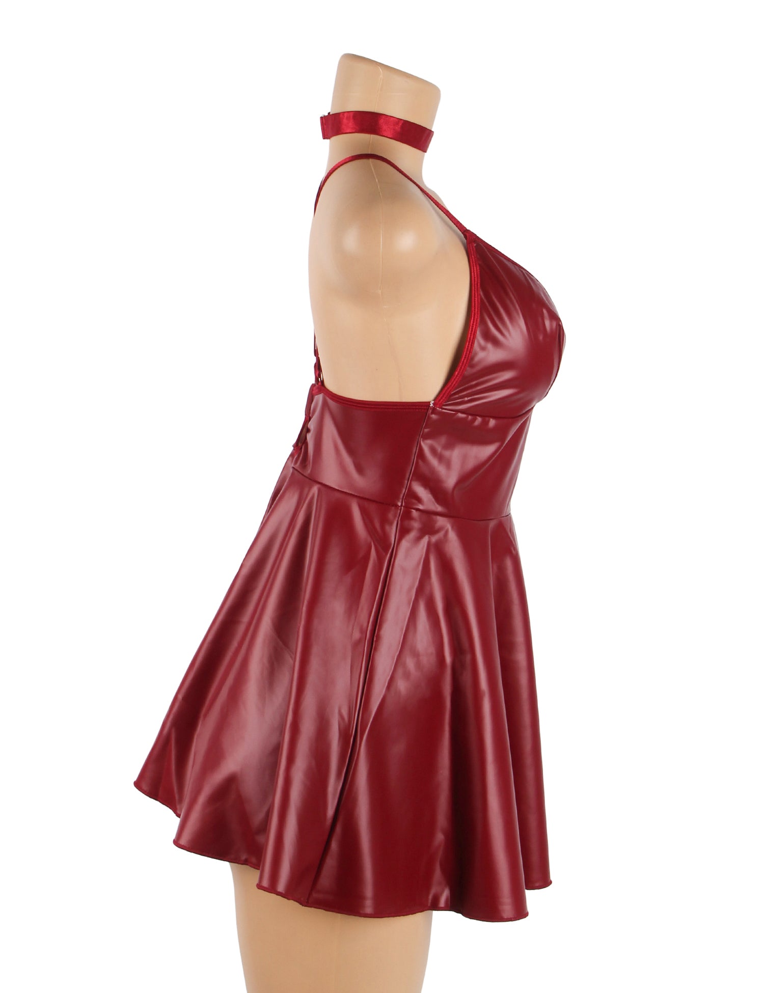 Burgundy PU leather Suspender Sexy Nightdress